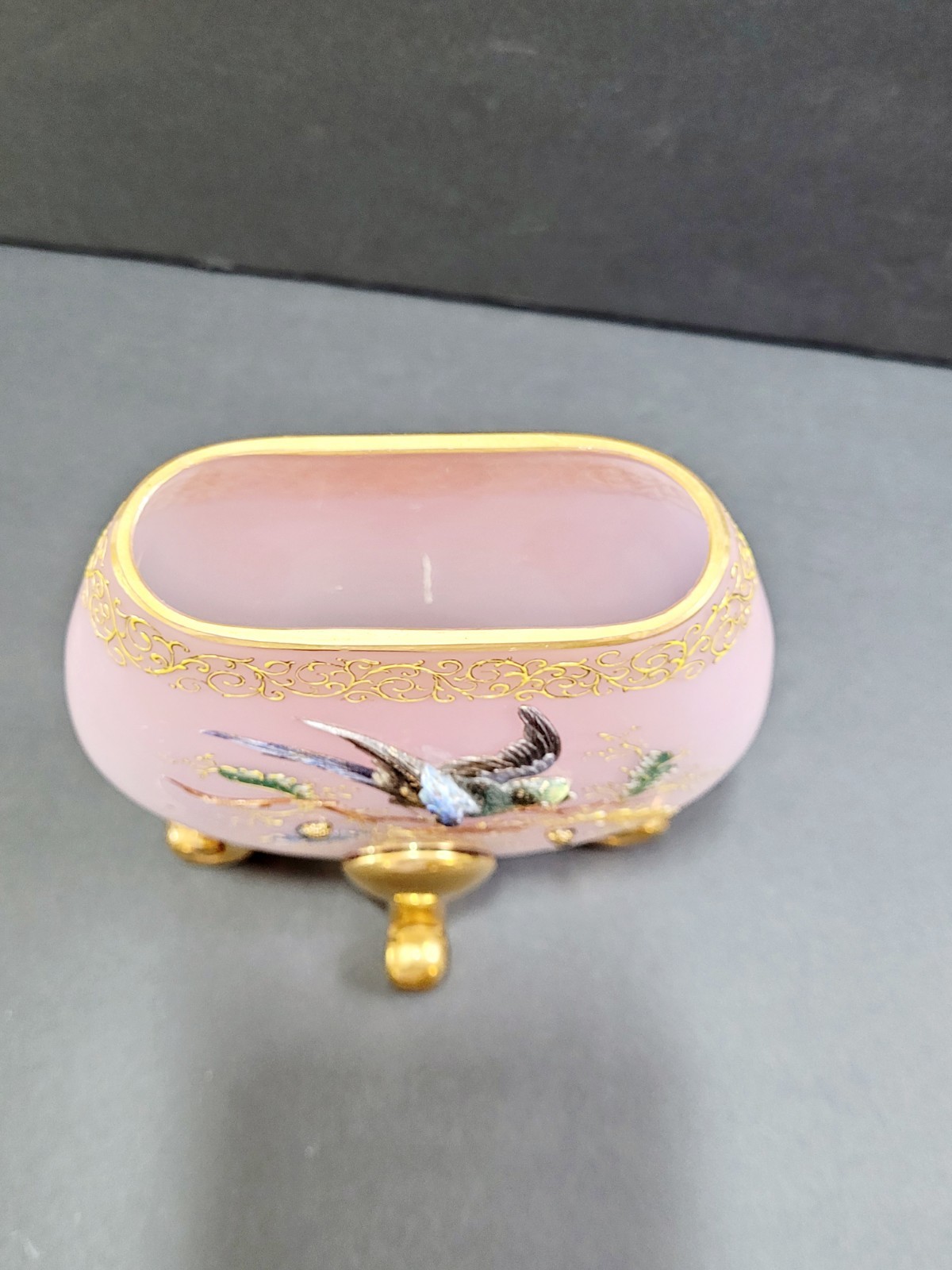 MOSER Victorian Glass Pillow Vase Pink & Gold Enamel Painted Bird & Accorns Rare