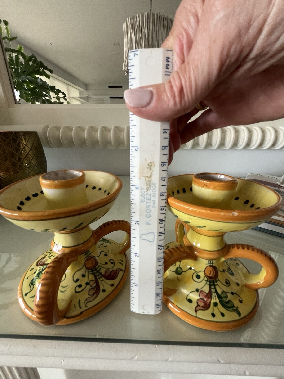 Pair of Vintage Cellini Italy Candlesticks, Hand-Painted Ceramic Pottery #803