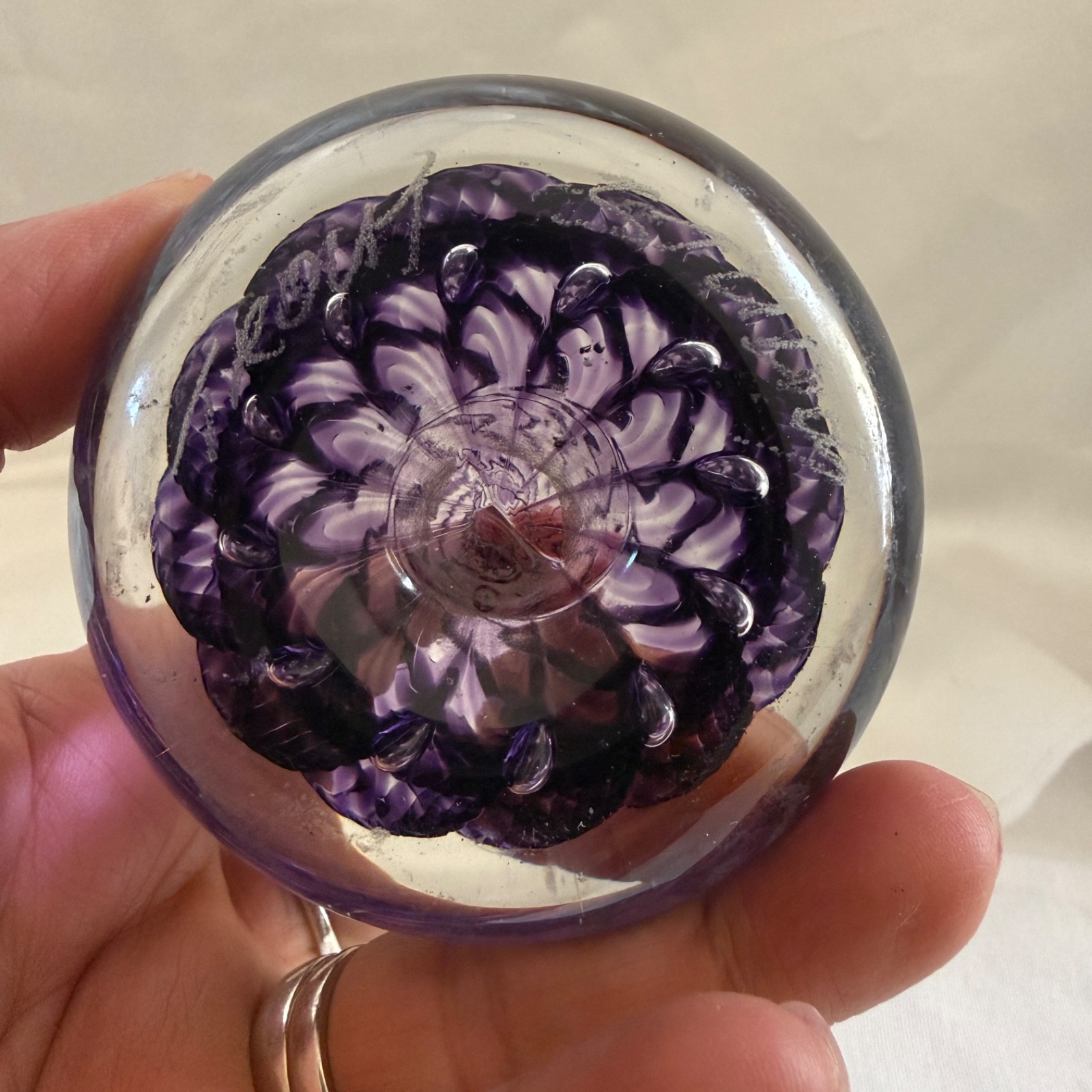 Art Glass Paperweight Purple Amethyst Swirl Hand Blown Signed Trout Studio