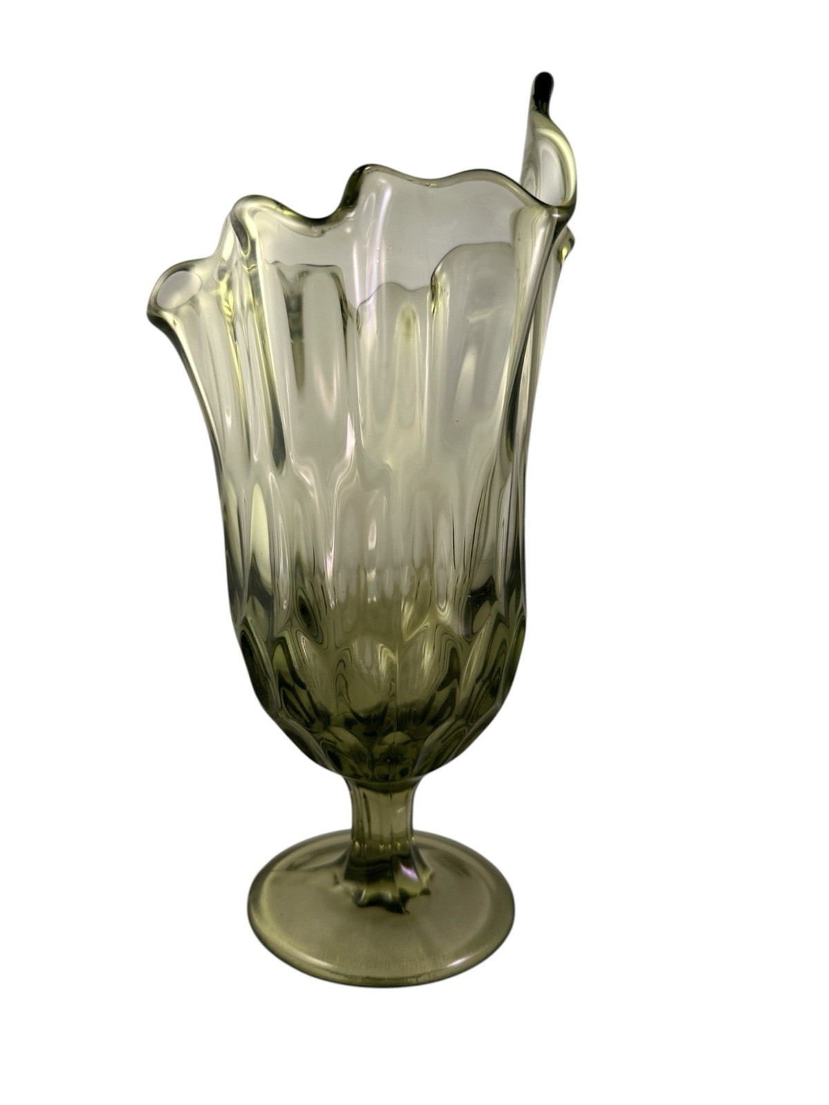 Vintage Fenton Colonial Green Thumbprint Handkerchief Glass Vase 9.5” Tall