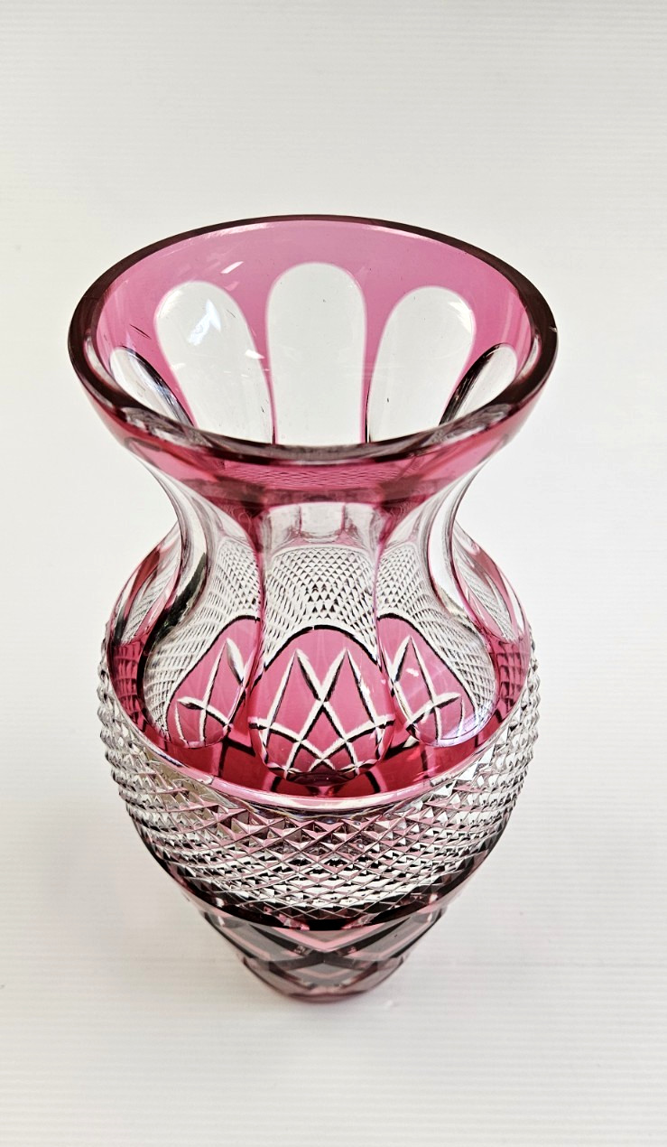 STUNNING Moser? Bohemian Cranberry Red Crystal Vase Hand Cut to Clear 10″ tall