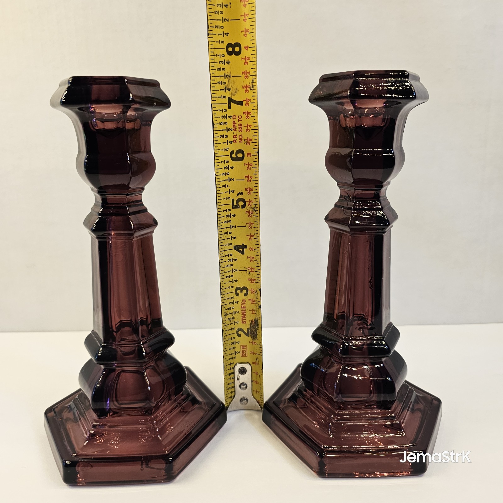 VTG 7.5″ Amethyst Glass Candlestick Pair Purple Hexagonal Metropolitan MUSEUM