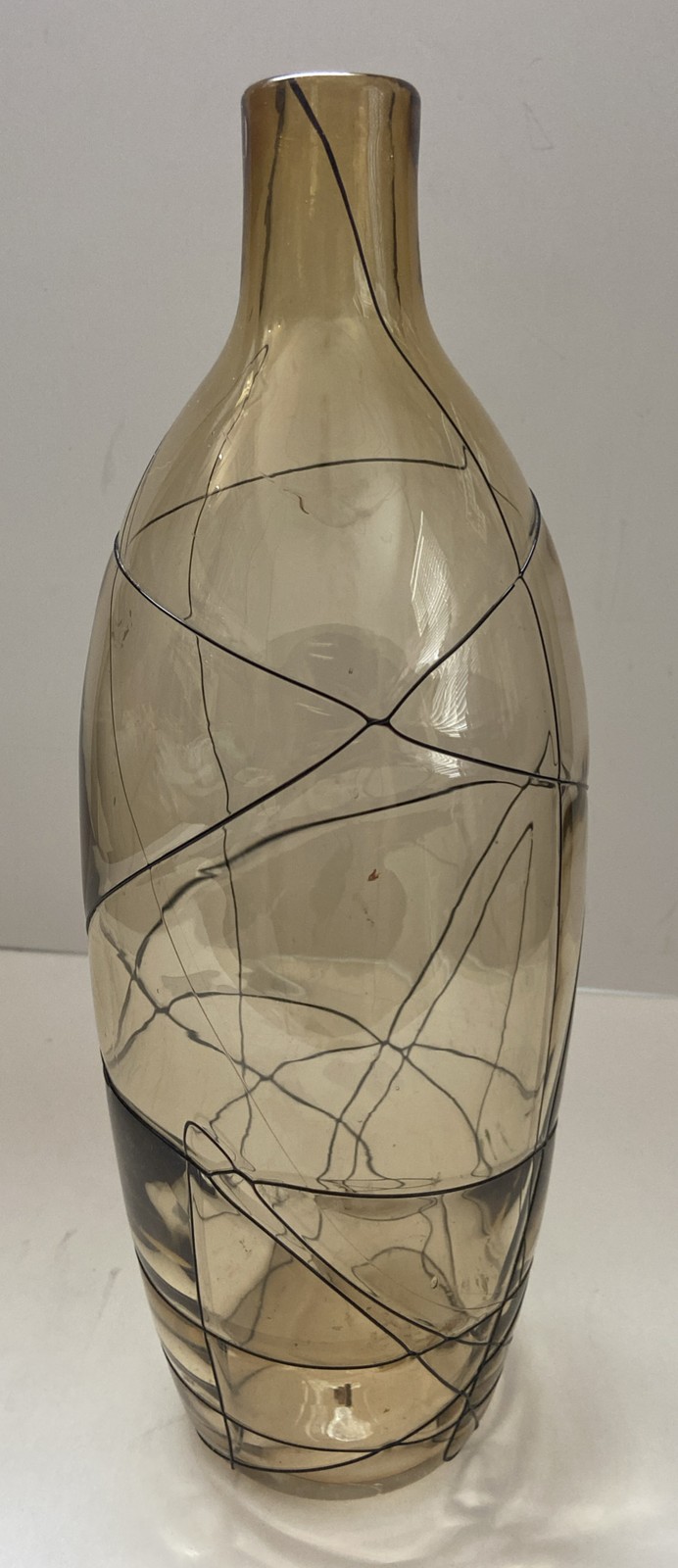 Vtg Hand Blown Amber Art Glass Threaded Black Swirl Bottle Vase 12 1/2” Tall MCM