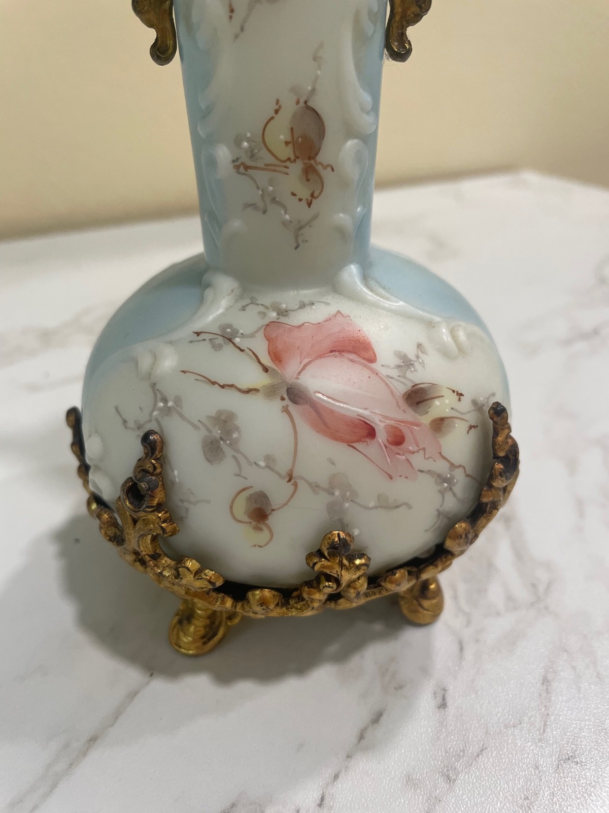 Wave Crest Art Glass Vase 8″ Tall Floral enamel with brass
