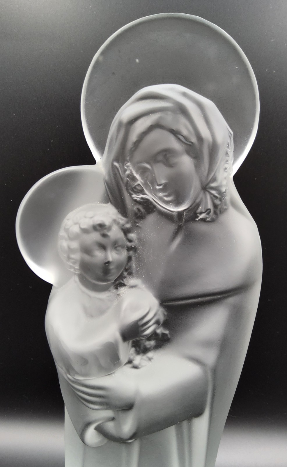 Lalique France Frosted Crystal Madonna and Child 14.5″ Signed Sculpture Statue