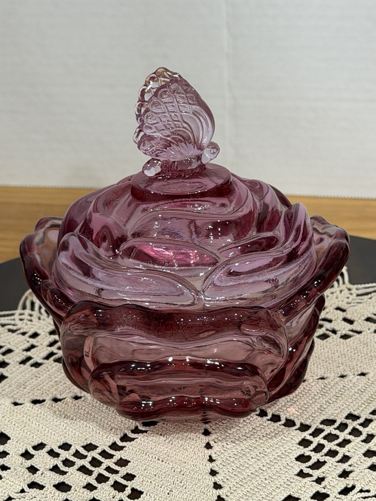 Fenton Glass Pink Rose Flower Candy Dish with Butterfly Lid 5 3/8″, So Cute!