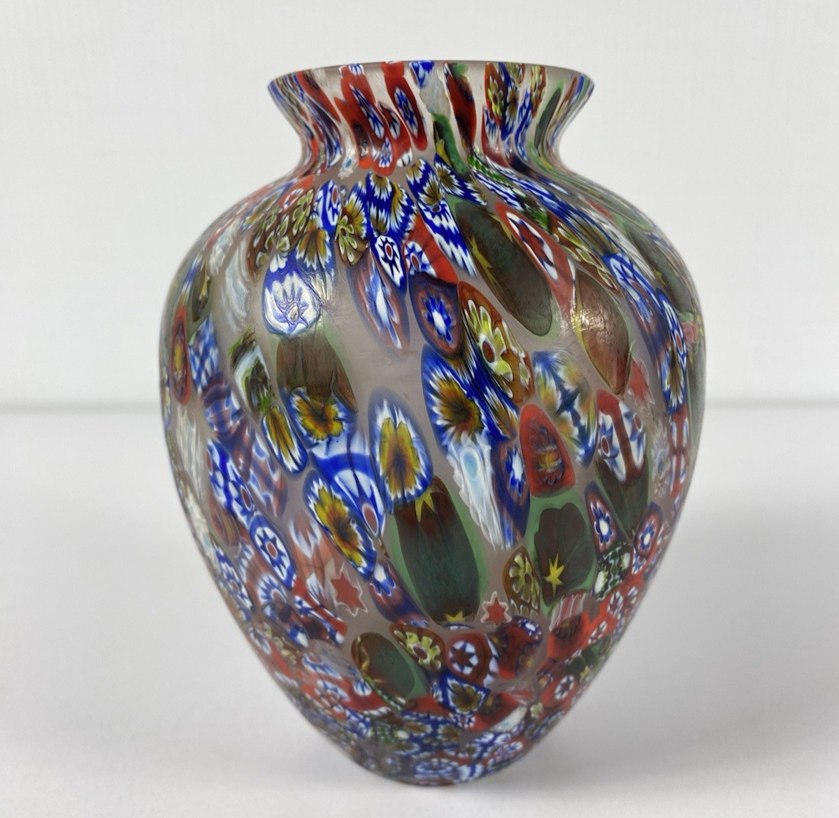 Vintage Murano Millefiori Murrine Stars Red Blue White Italian Glass Flower Vase