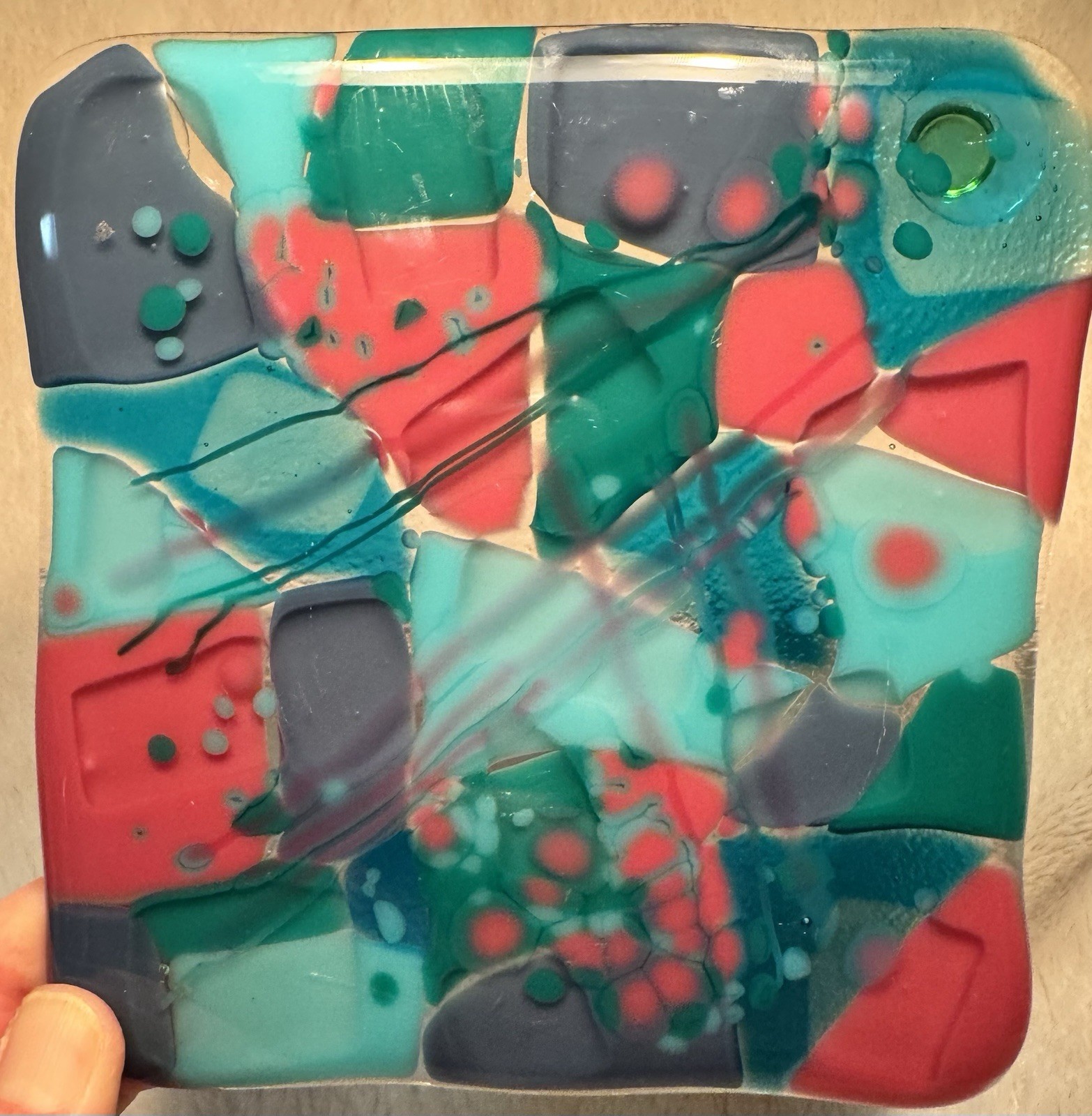 Fused Art Glass Square Candle Holder, Trinket Catcher Coaster Patchwork Colorful