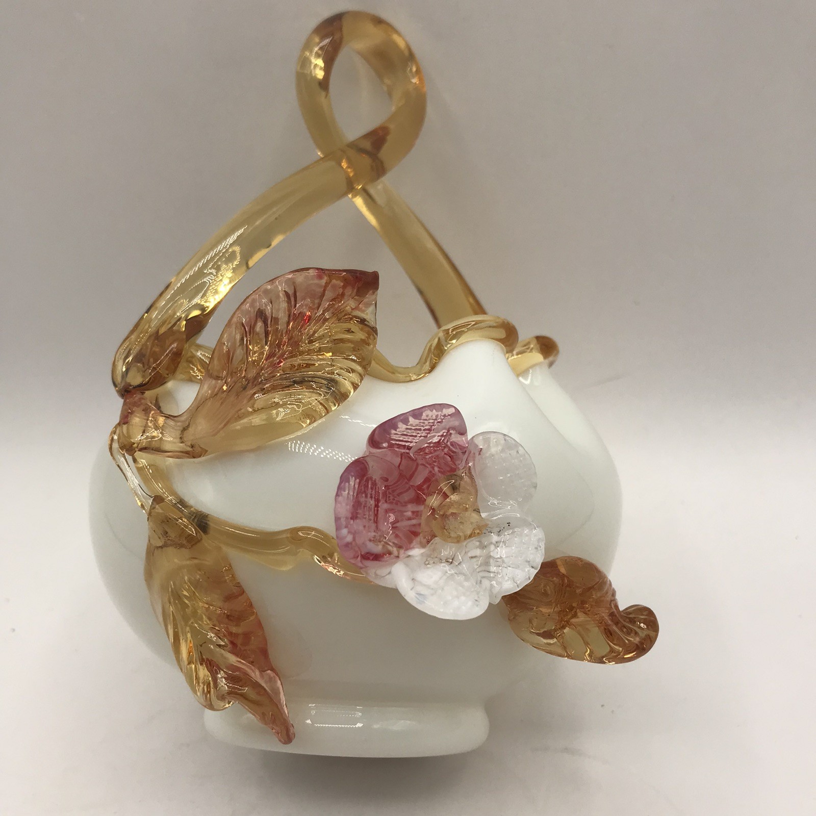 Antique Stevens & Williams Basket Amber Crest & Handle, Flower on White – GLOWS!