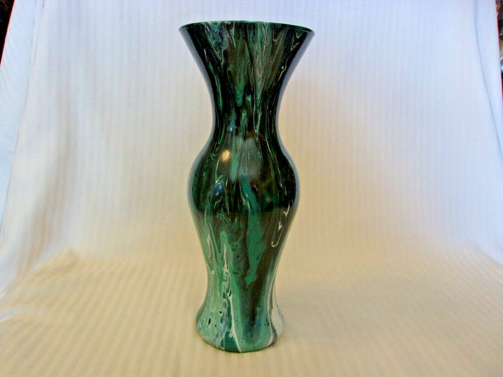 Hand Blown Glass Art Flower Vase Multicolored Green & White 9″ Tall