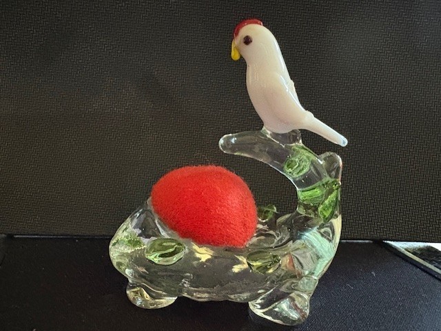 Vtg Bird Nest Hand Blown Art Glass Figurine Pin Cushion Miniature white MCM