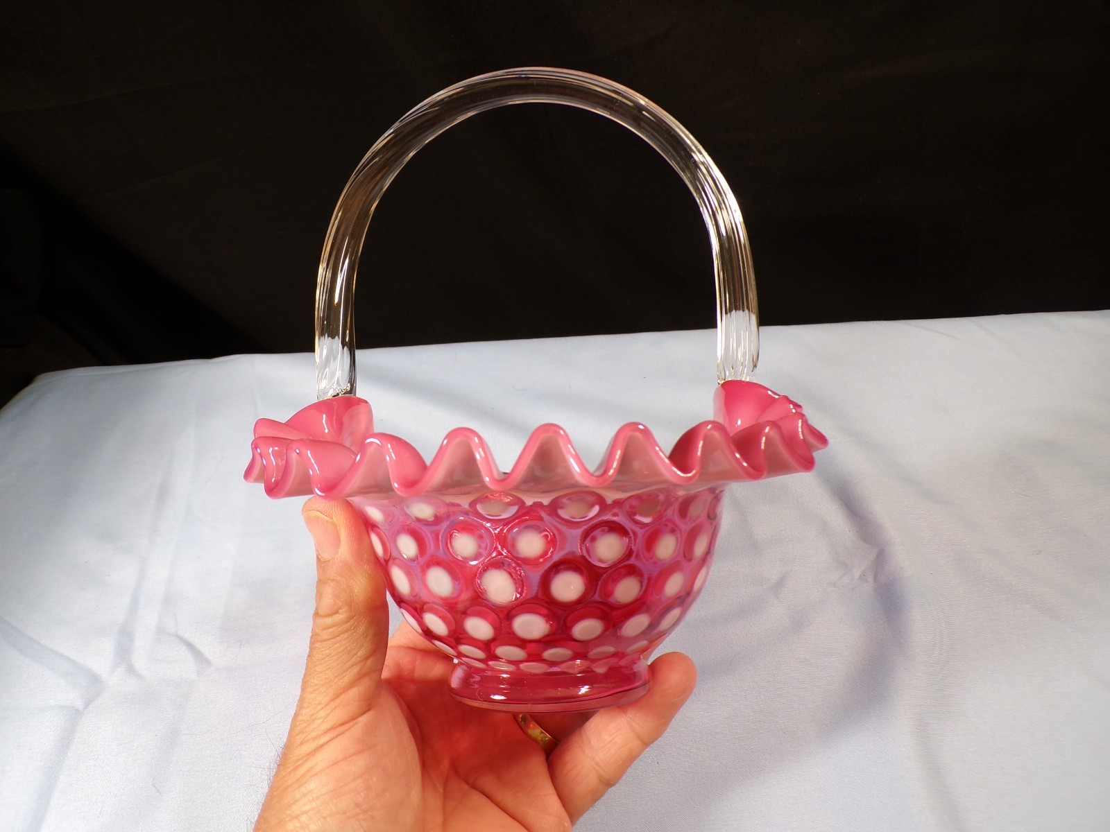 Fenton Cranberry Opalescent Glass Polka Dot Basket 7″ Tall INV2