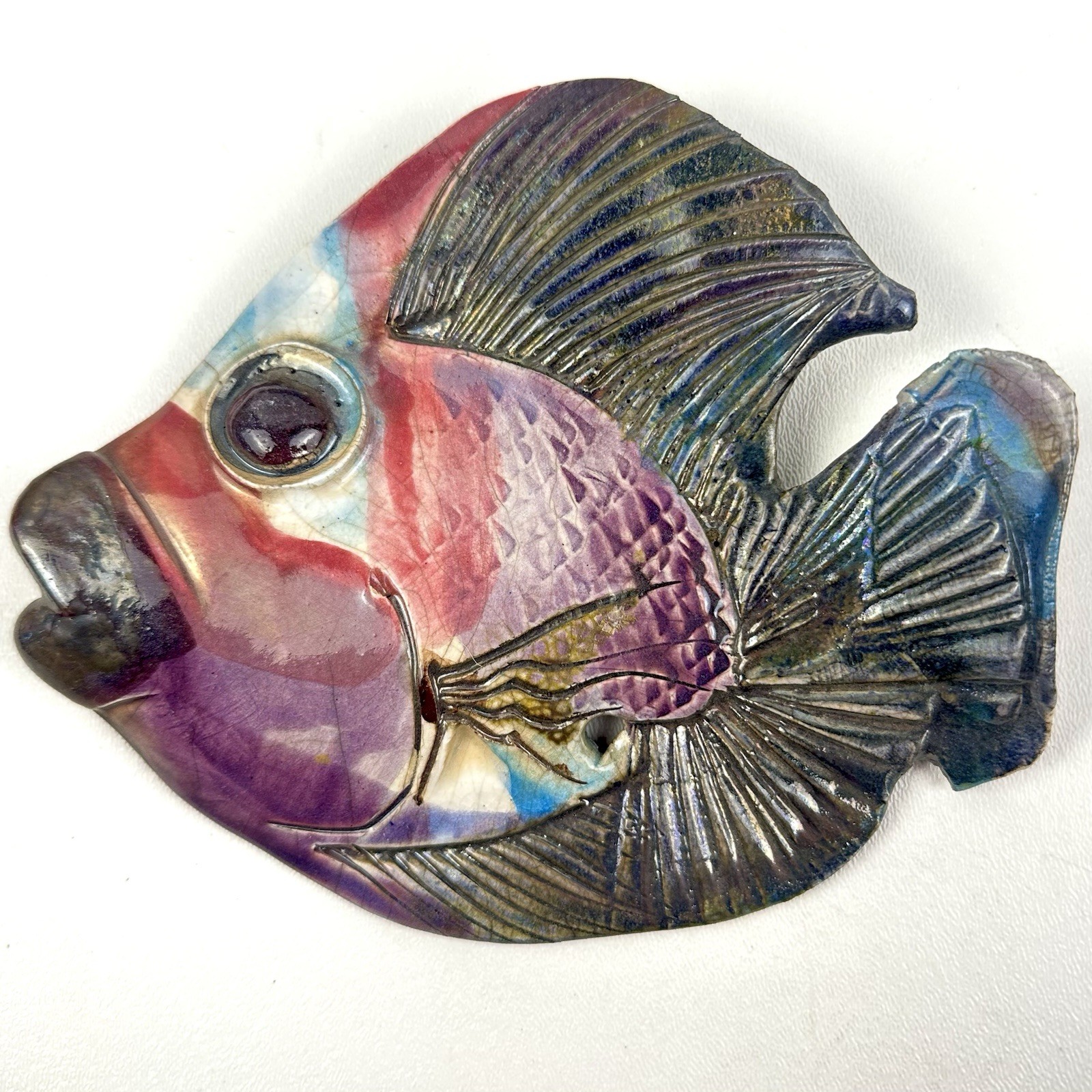 Vintage Clay Pottery Fish Art Wall Hanging Iridescent Fins Raku? 3D Style Costal