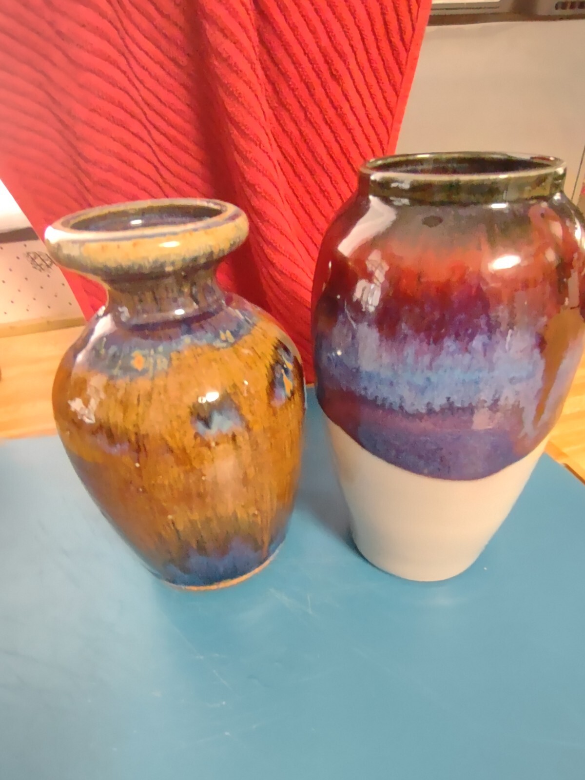 1985 Mick Schwartz CA Artist Earth & Fire Porcelain Pottery Vase With Bonus Vase