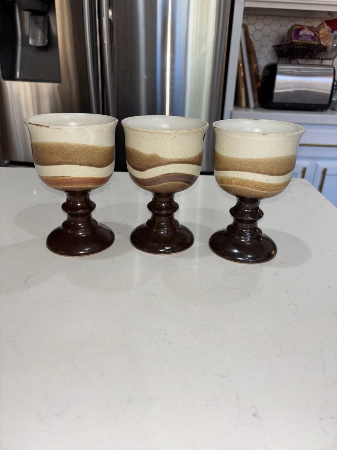 Vintage Otagiri Stoneware Goblets Brown and Cream Swirl 5.5” Set of 3
