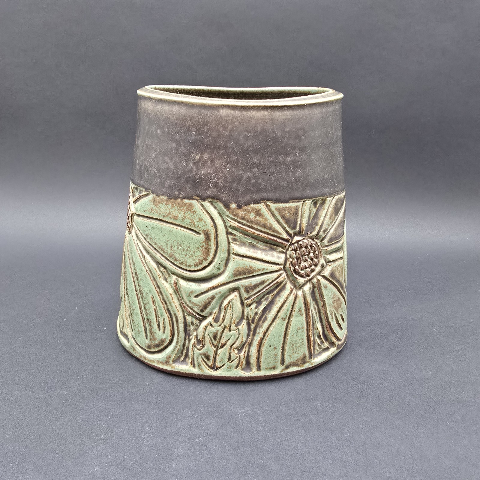 Laurie Landry Pottery Vase Embossed Studio Art Pottery Handmade Stoneware 8.5″