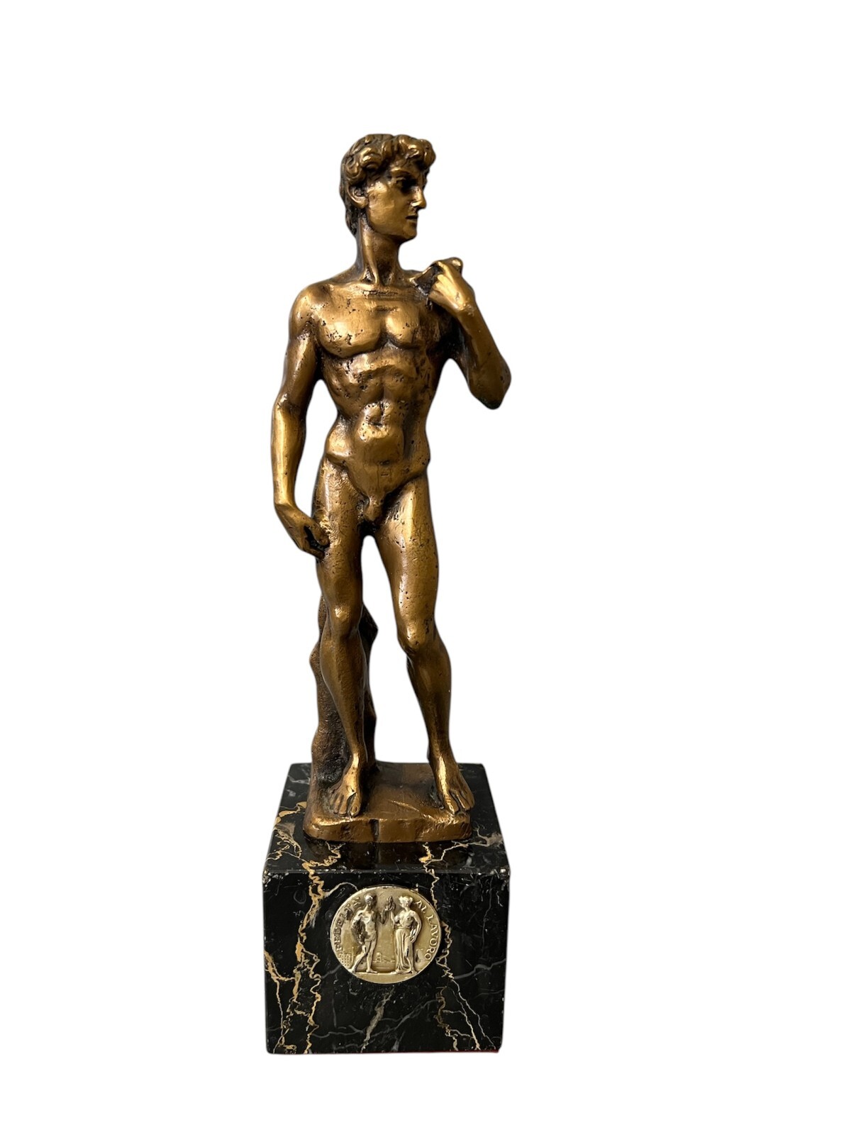 Antique Bronze David Statue on Marble Base – 10 1/8” Tall