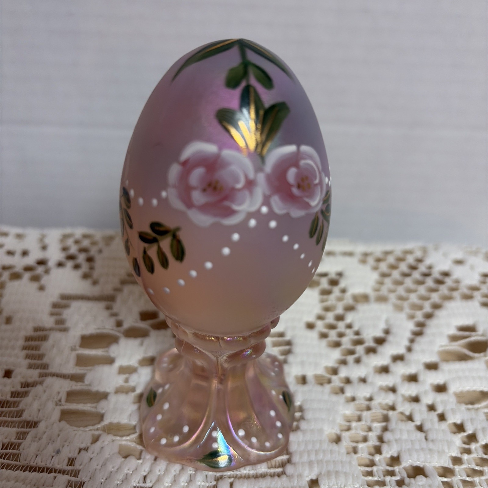 Fenton Glass Iridescent Pink Pedestal Egg Signed S Johnson #2364/3000 USA Rare