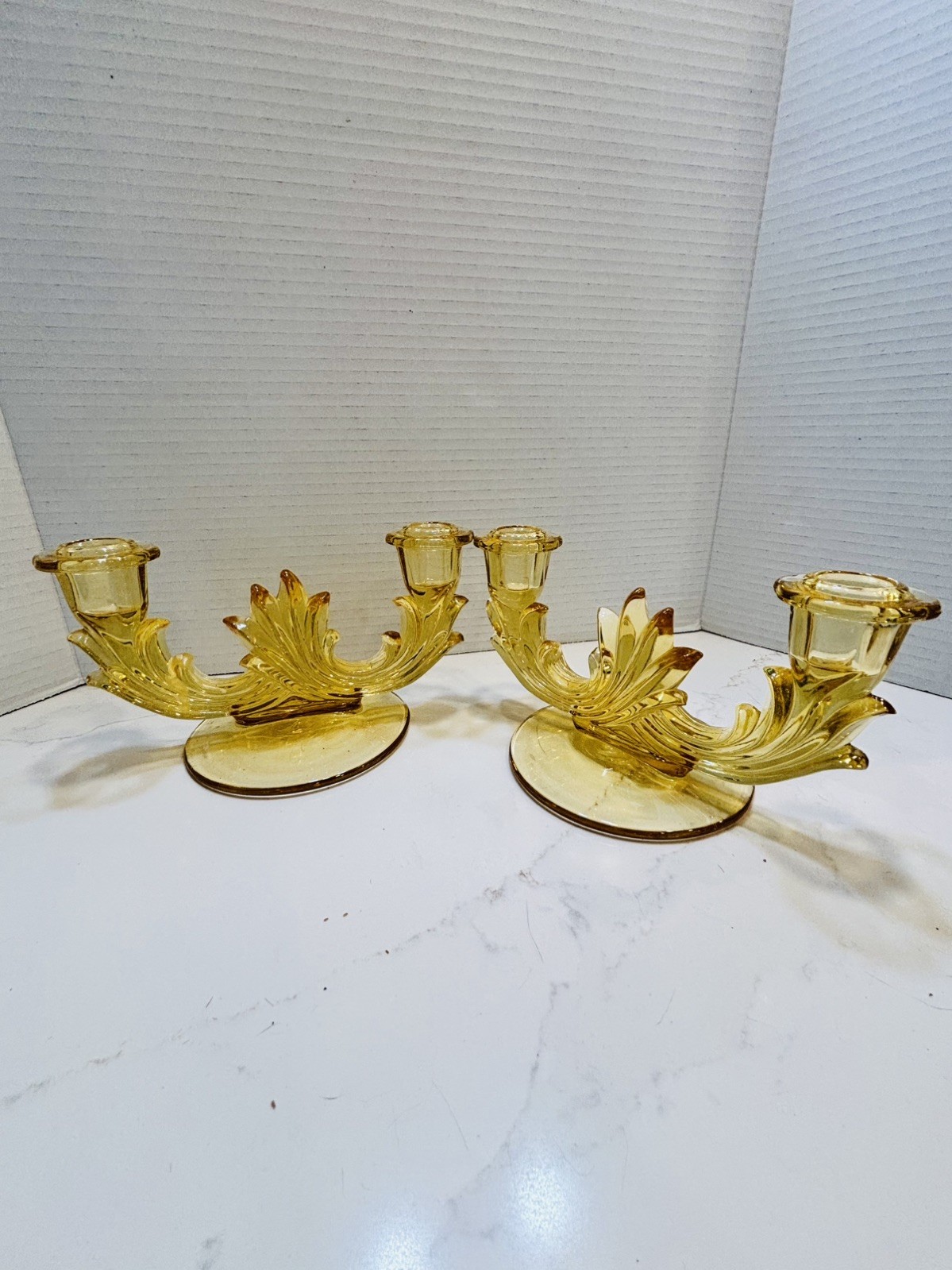 VTG Fostoria Baroque Candlestick HJolders Topaz Yellow Glass Art Deco