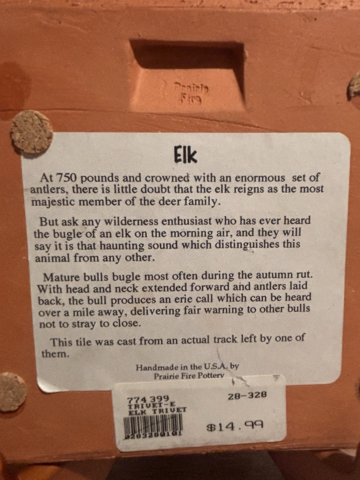 Prairie Fire Pottery Elk Track Tile Clay Art Terra Cotta Trivet 6.25″