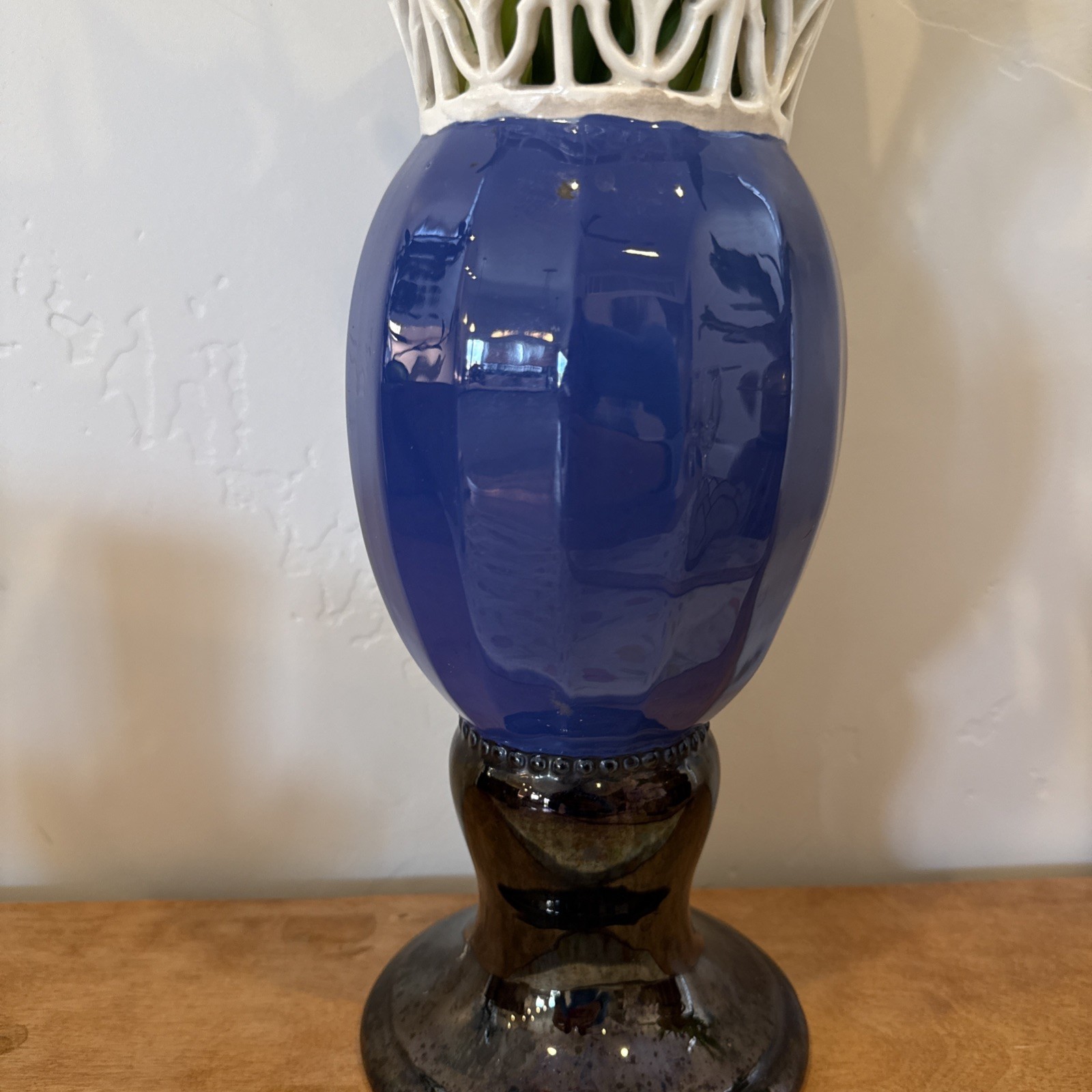 Eichwald 405 Art Nouveau Majolica Vase 20th Mid Century Blue Ornate White