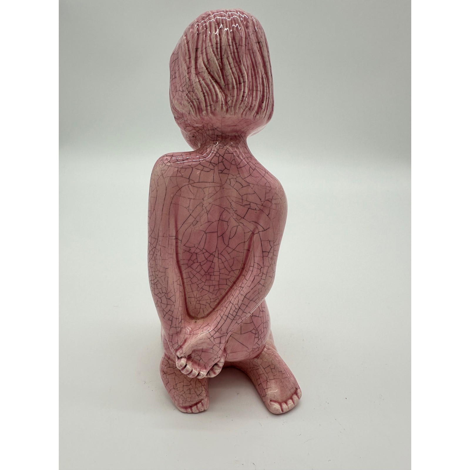 Art Deco Vintage Figurine 1966 Kneeling Girl Pink Crackle Glaze MCM 8 in