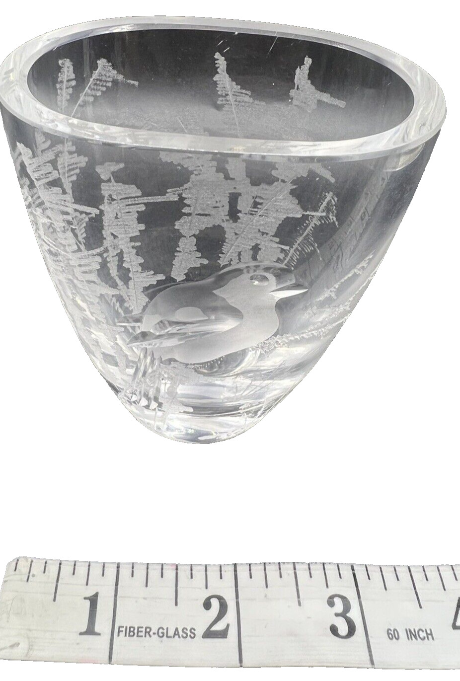 Orrefors Vase Etched Crystal with Bird and Floral Scenery Signed KJD Lander