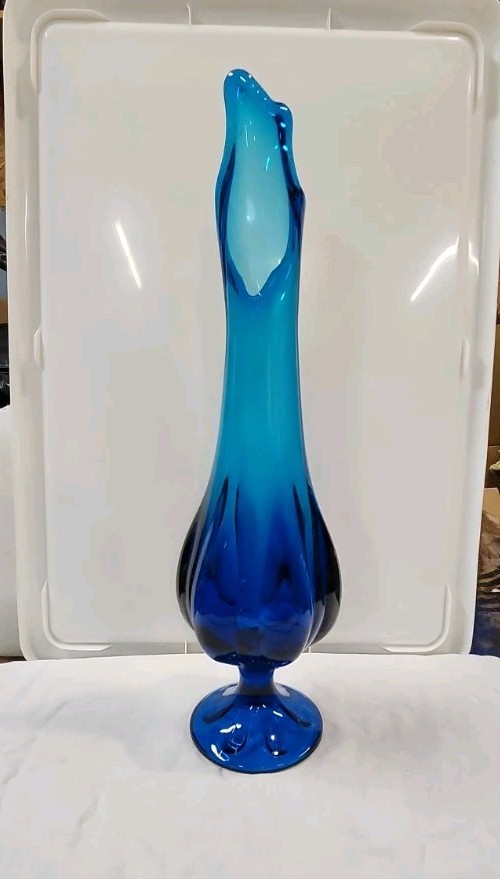 Vtg. Viking Swung Glass Mcm Pedistal 17″-6 Petal Dk. Blue/Lt. Blue