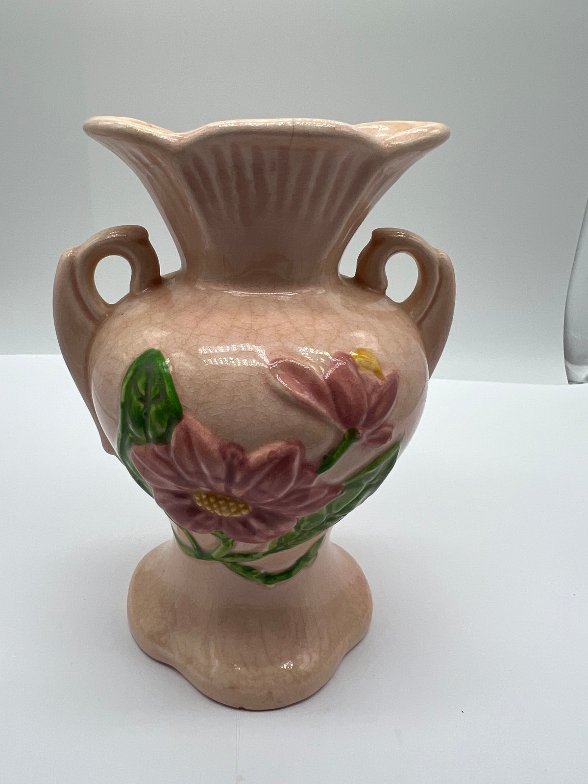 Vtg HULL Art Pottery Flower Vase Handles Pink Magnolia H-4-6 1/2″ In Glaze USA