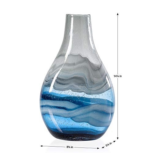Andrea Hand Blown Swirl Glass Bulb Vase for Home Decor Living Room Tall Blue