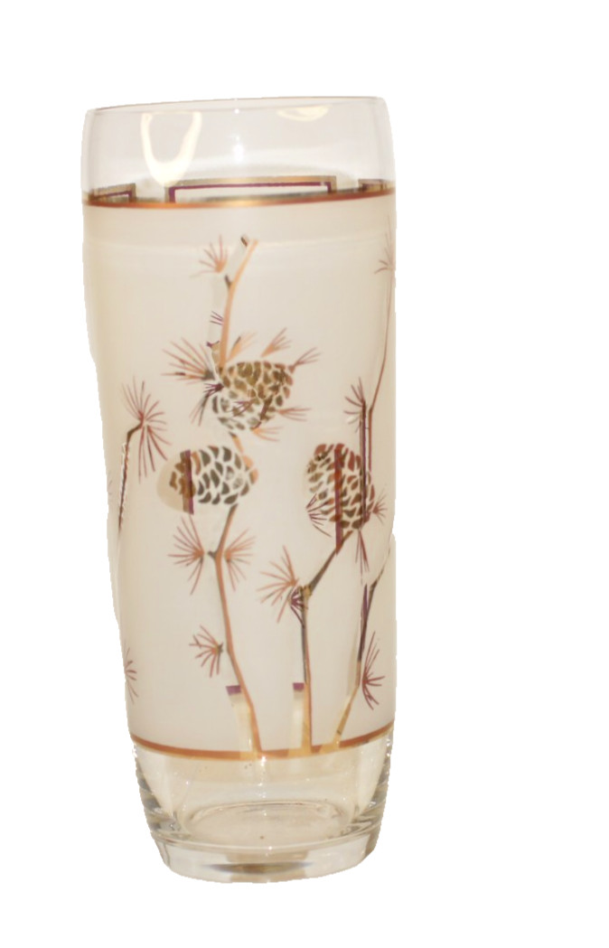 Vintage MCM Libby Frosted Vase Gold Pine Cones Branches 9 1/4″ T 3.5″ opening