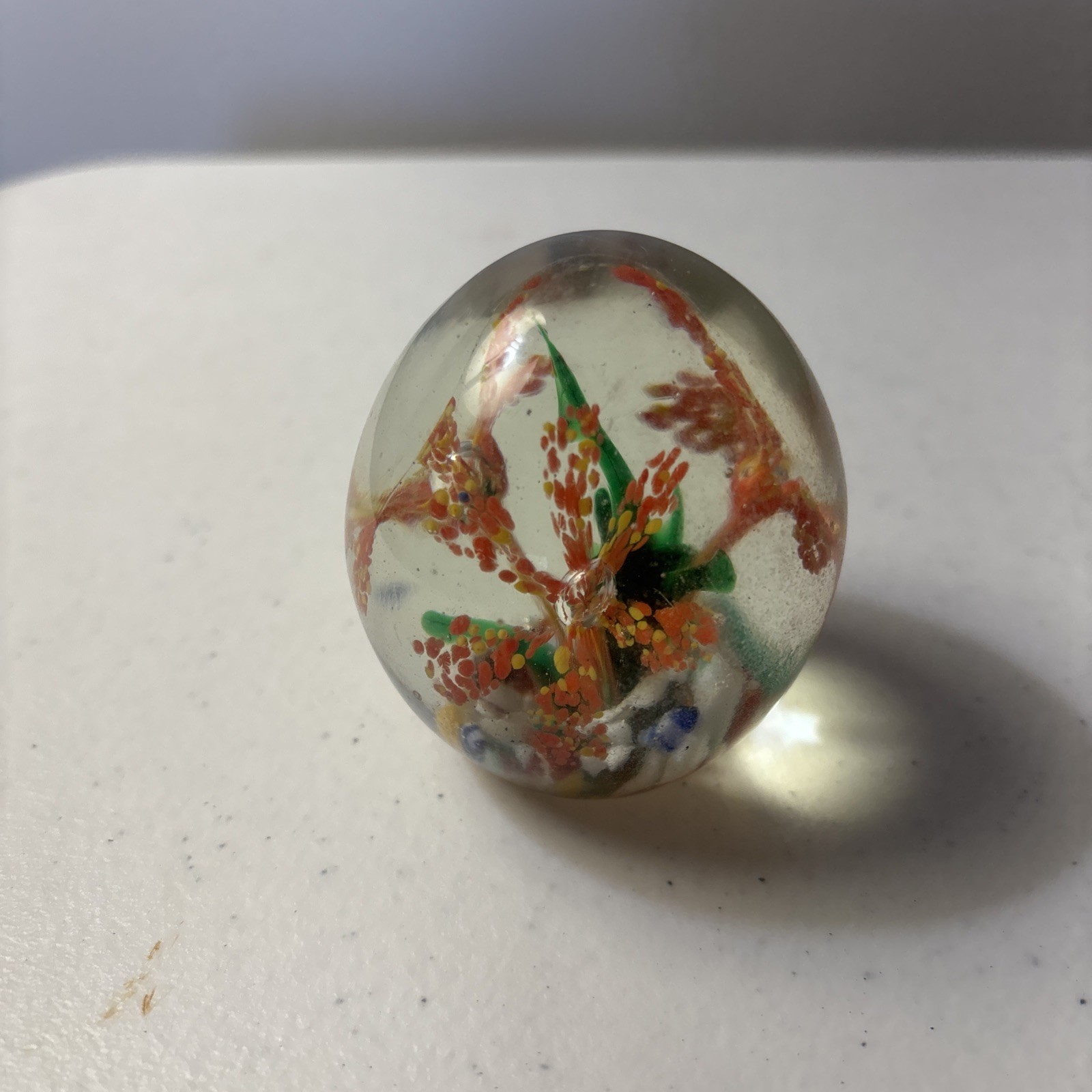 Vintage Hand Blown Round Art Glass Paperweight Colorful Flowers 2.75 dia. B6088