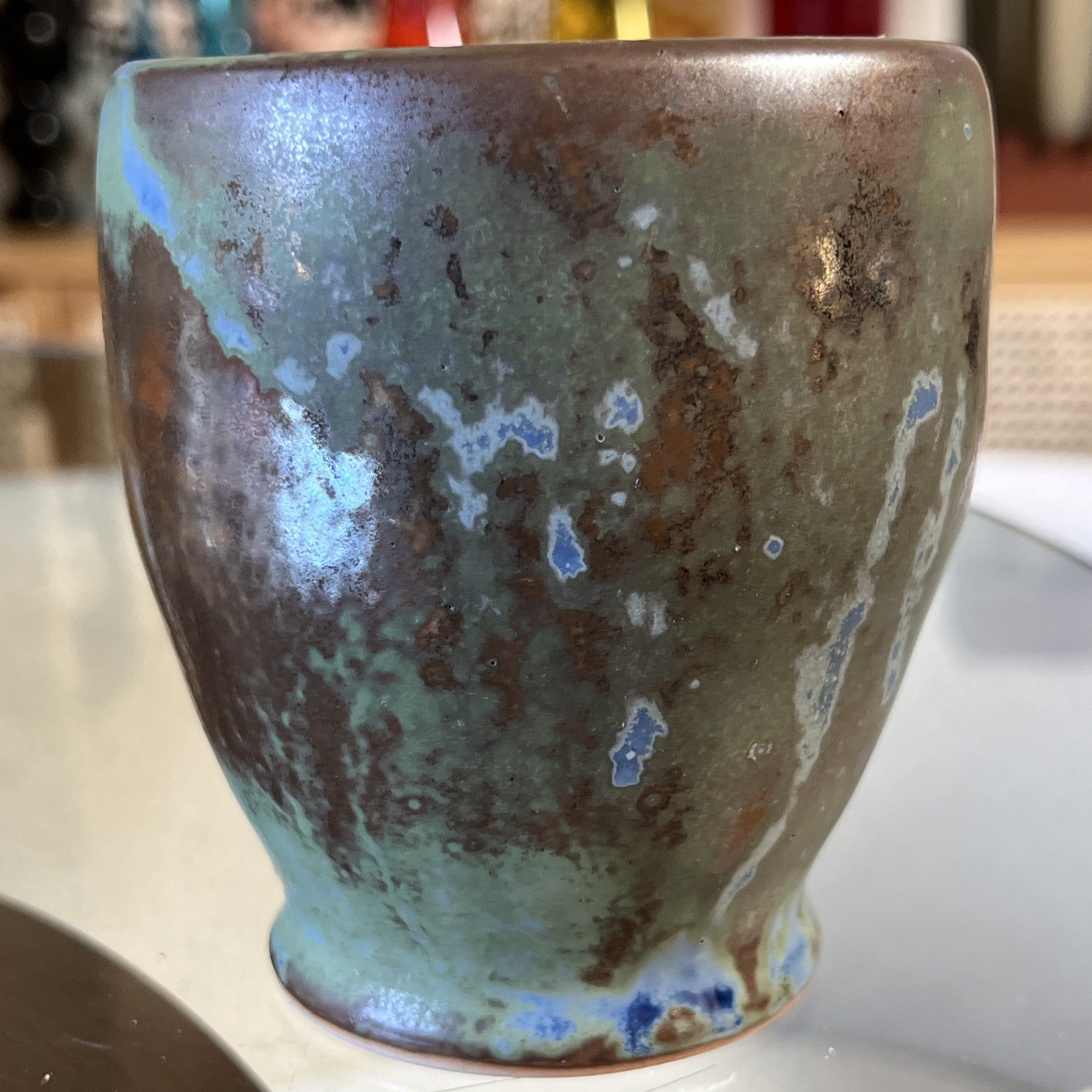 Studio Pottery Raku Style Planter Blue Green Brown Signed Art Pottery 4.4″