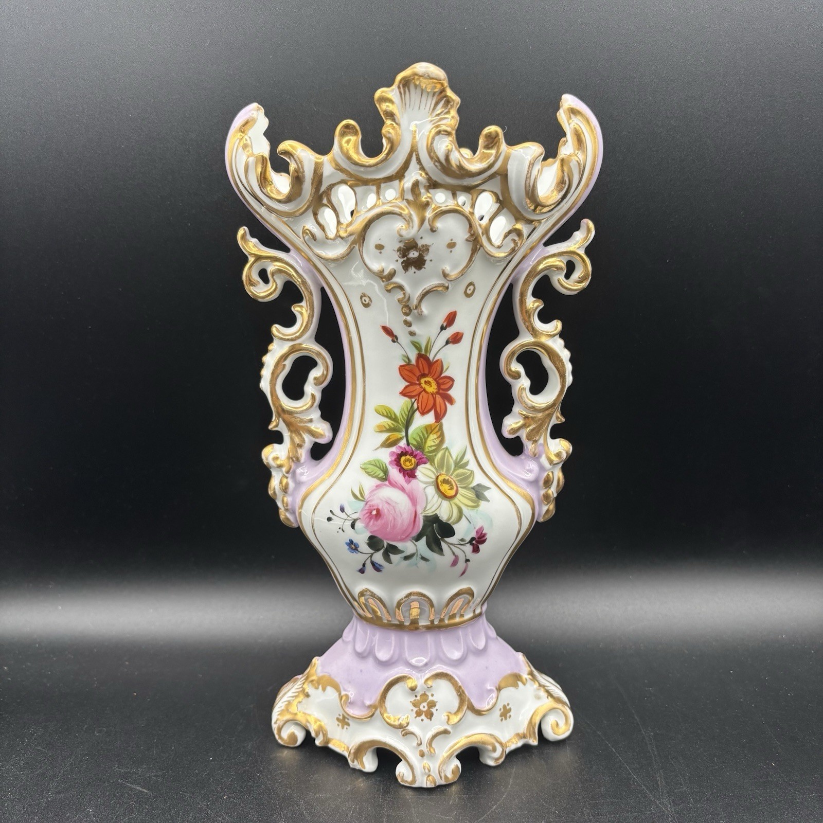 Antique Vieux Paris Hand Painted Floral Gold Lavender Rococo Revival 19th C Vase