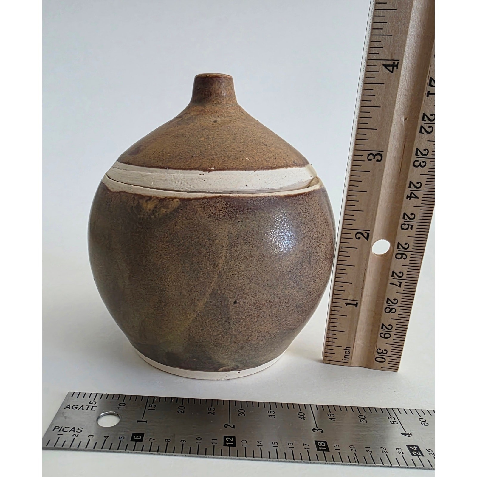 Handmade Studio Pottery Lidded Jar Signed EG – Brown Glaze, 4 x 3.25 in
