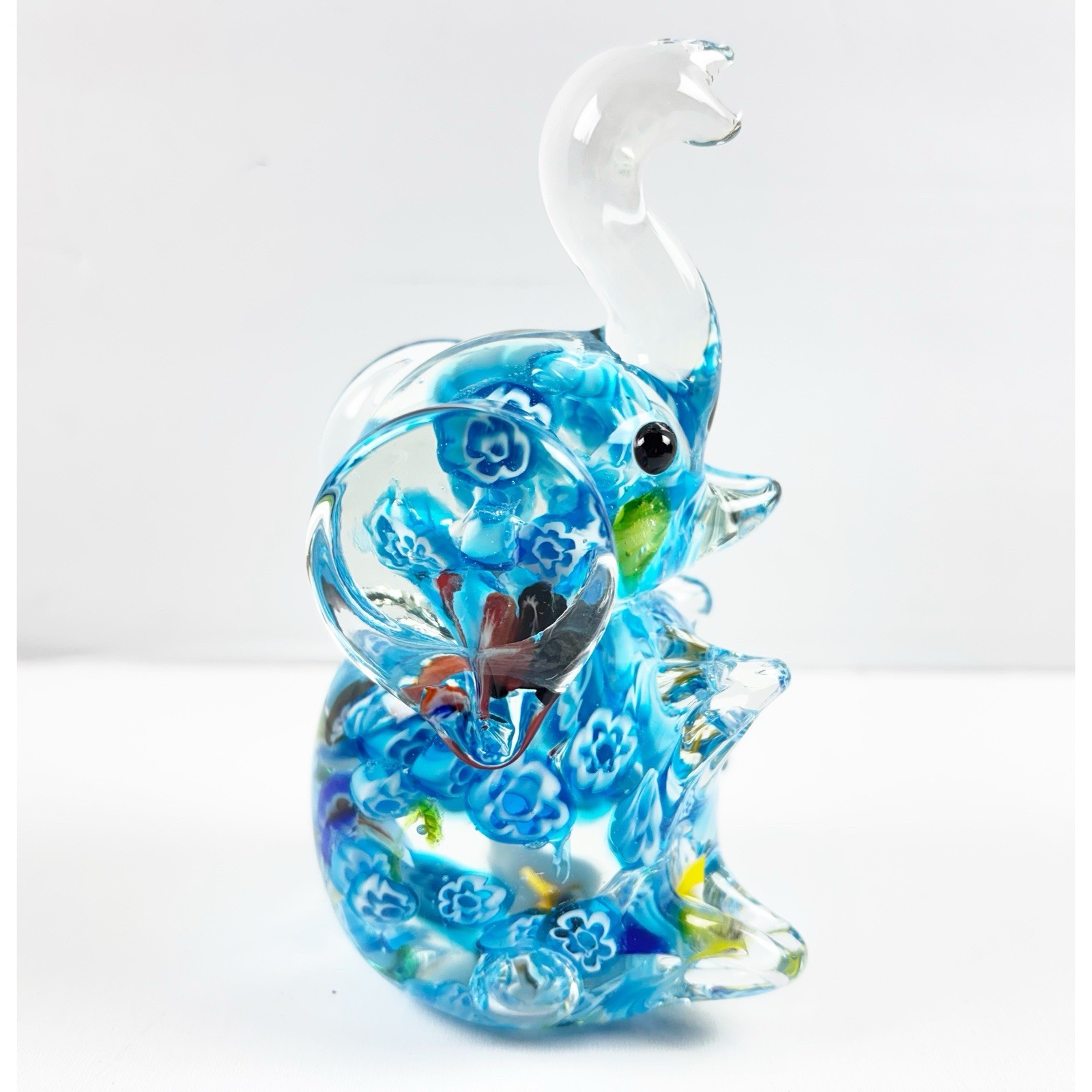 Elephant Paperweight Hand Blown Millefiori Art Glass Blue Floral 4.5” Trunk Up