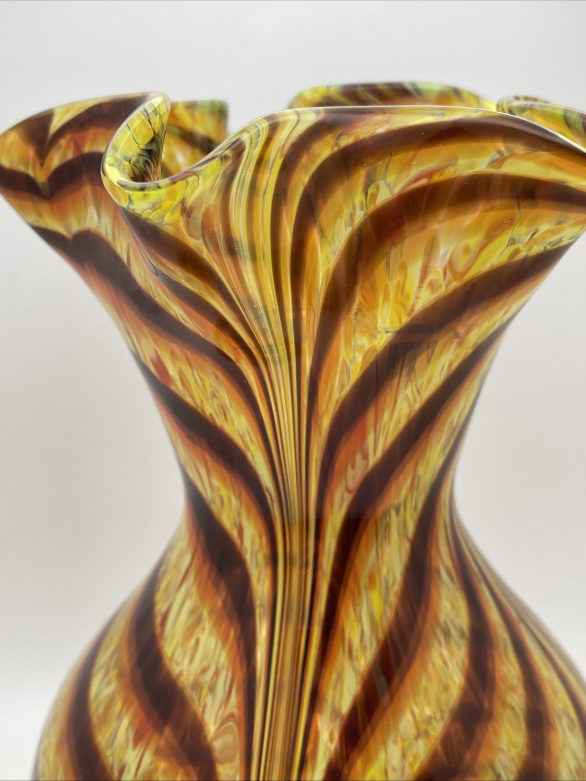 Hand-Blown Art Glass Vase Pulled Feather or “Tiger Stripe” pattern 9.75”