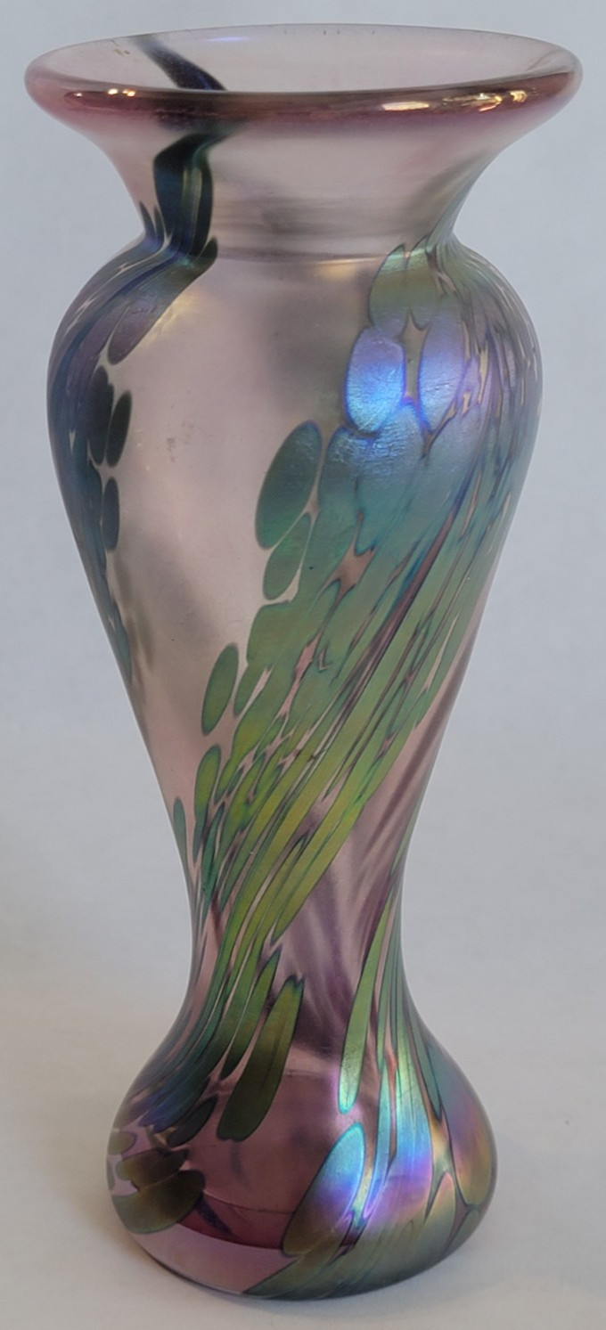 Marbling Iridescent Hand-Blown Art Glass Purple/Blue/Green Metallic Pull Design