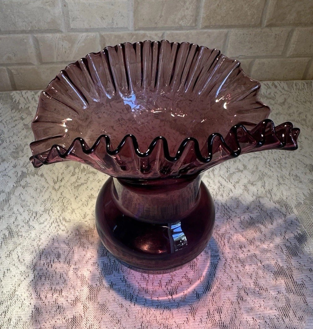Blenko #390 Purple Amethyst Glass Vase, Mid-Century Crimped Rim Hand Blown 7.75”