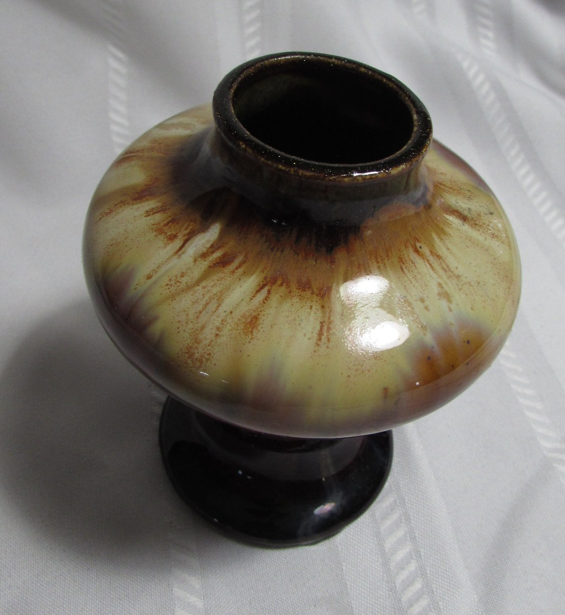 Small MCM Brown Mottled Drip Glaze Belgium Pottery Vase 4 1/4″ Tall