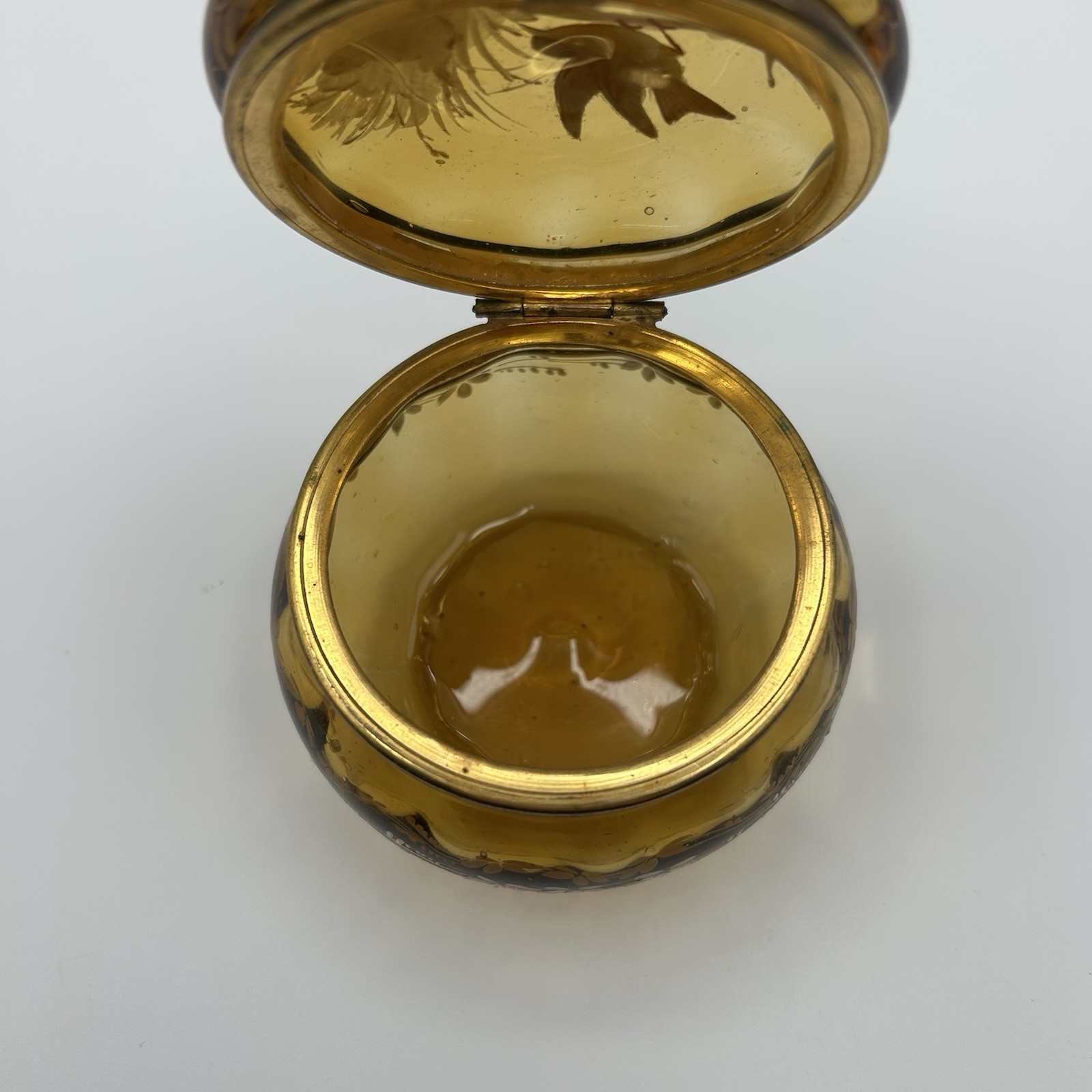 Antique Bohemian Enamel Glass Trinket Box Hinged Hand Painted Bird Motif c1900