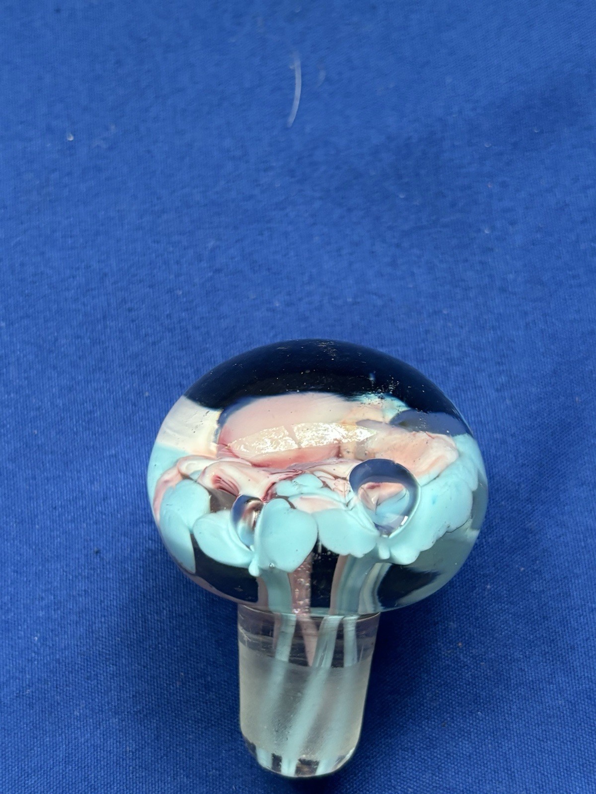 Vintage Art Glass PINK & BLUE Flowers Bottle Stopper Round 2 x 2 1/4″ Blue Base