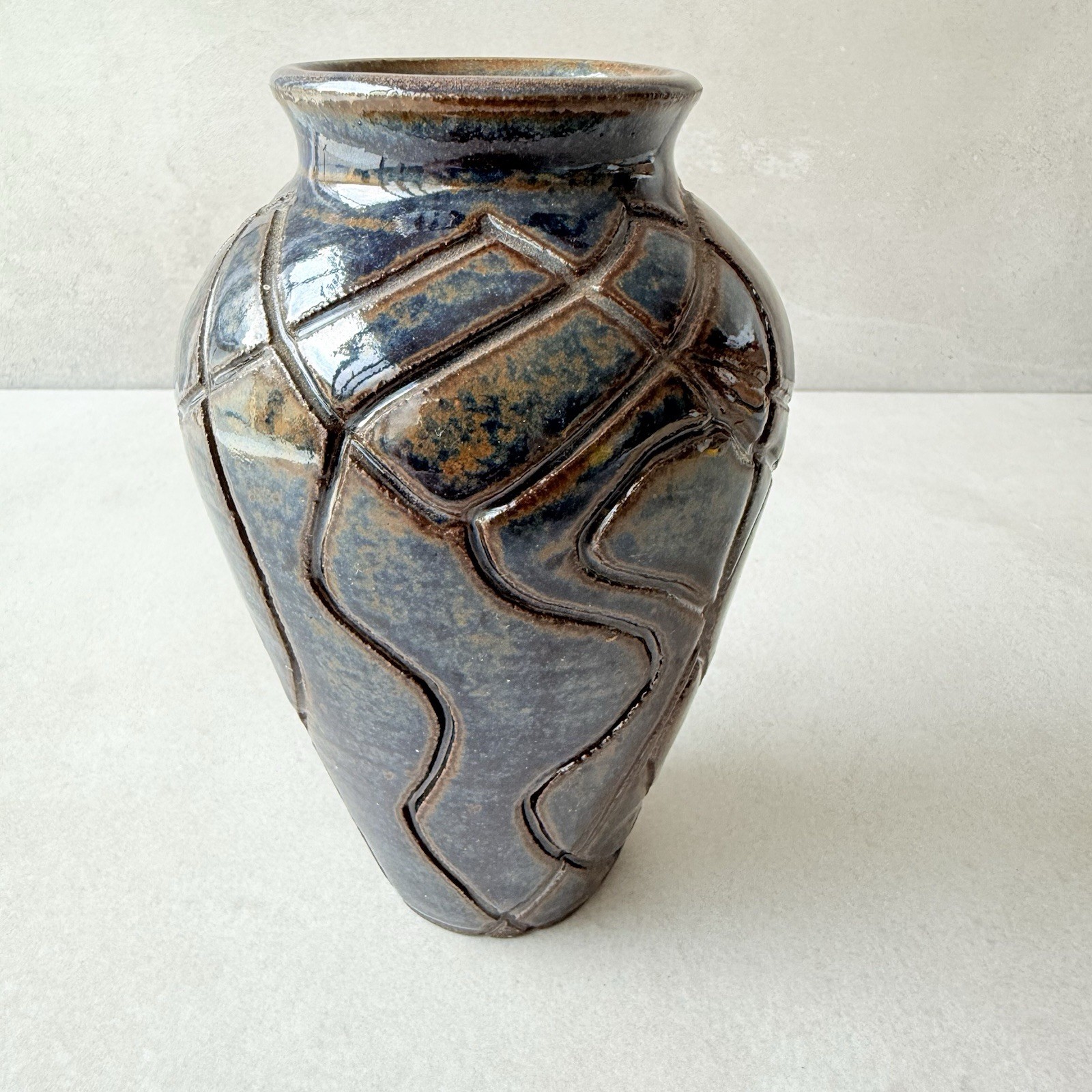 Studio Pottery Vase Blue Gray Stoneware Organic Modern 6.5”H Artist Signed