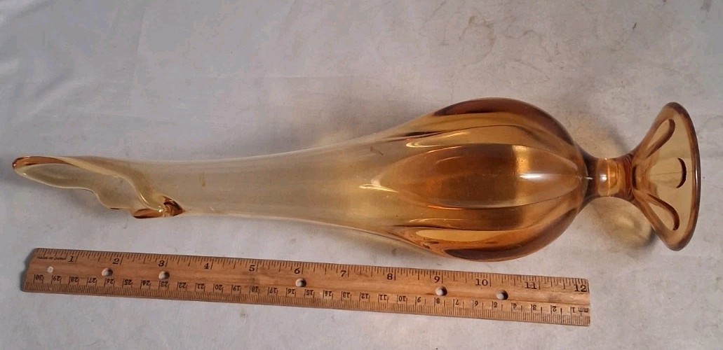 VTG Viking Swung Vase Amber Footed Petal Ribbed Art Glass MCM 14″