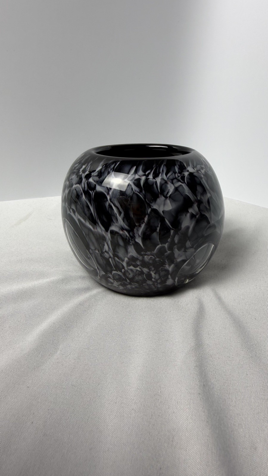 Blown Glass Black and White Globe Vase/Candle Holder with Clear Orbs 4″ Tall