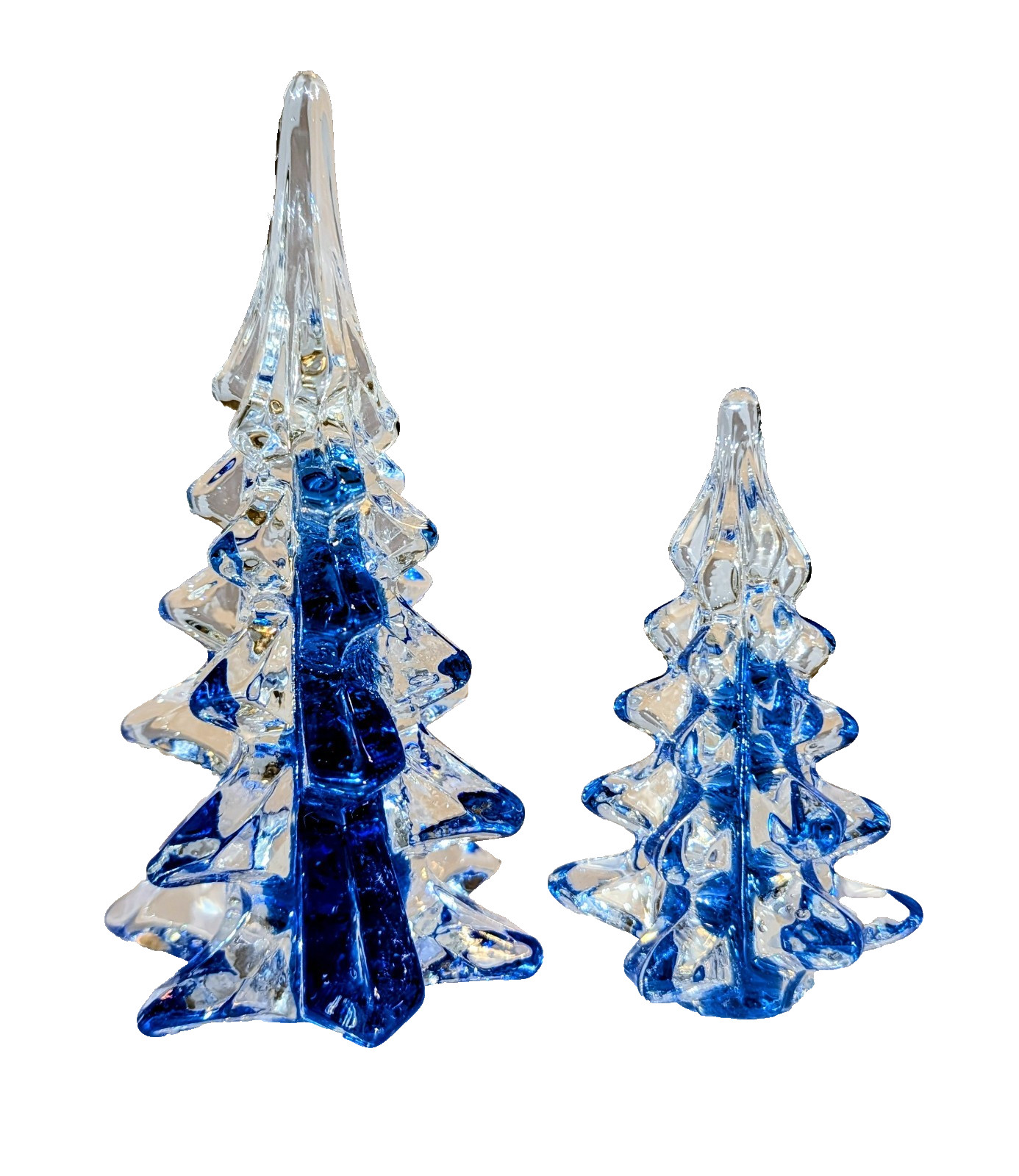 Vtg MidWest Cobalt Blue Art Glass Xmas Pine Tree Crystal Ribbon Sculpture x2 A+