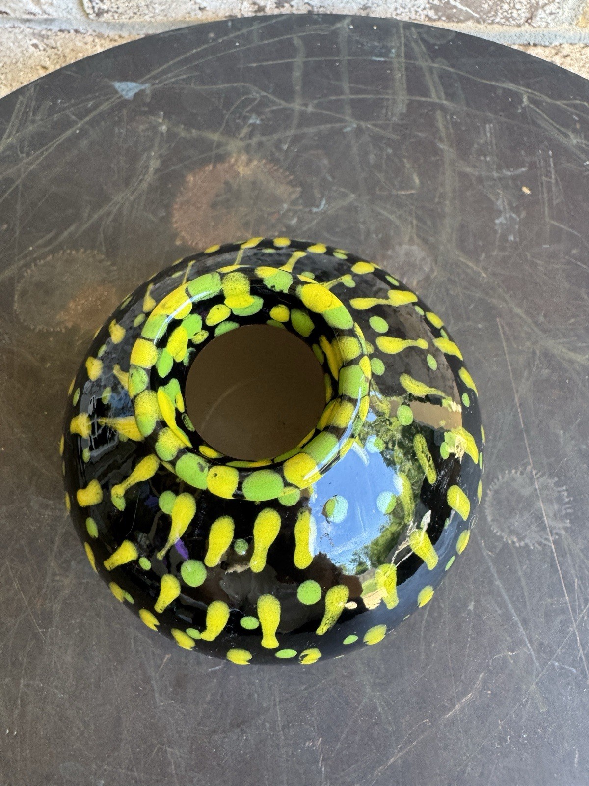 Vintage Hand-Blown Art Glass Vase – Yellow Green & Black Drip Design