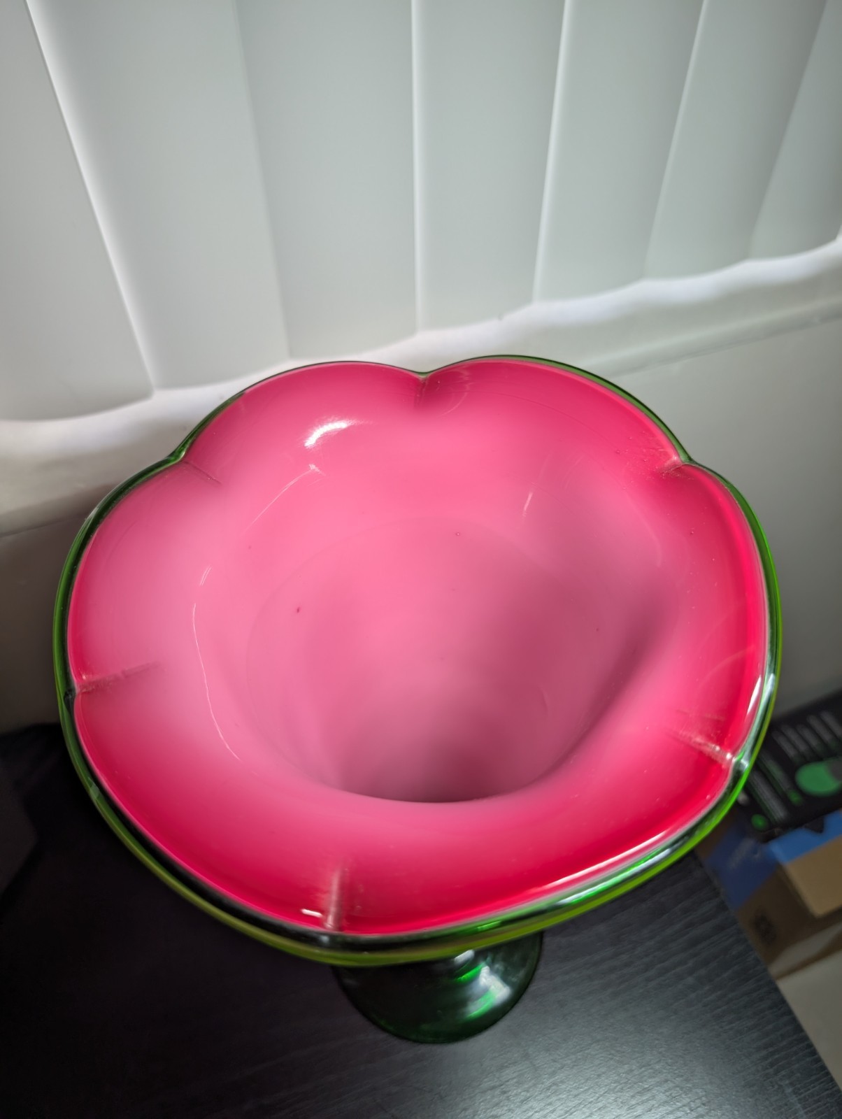 12″ OOAK Hand Blown Art Glass Vase Pink Green Jack in the Pulpit Calla Lily Retr