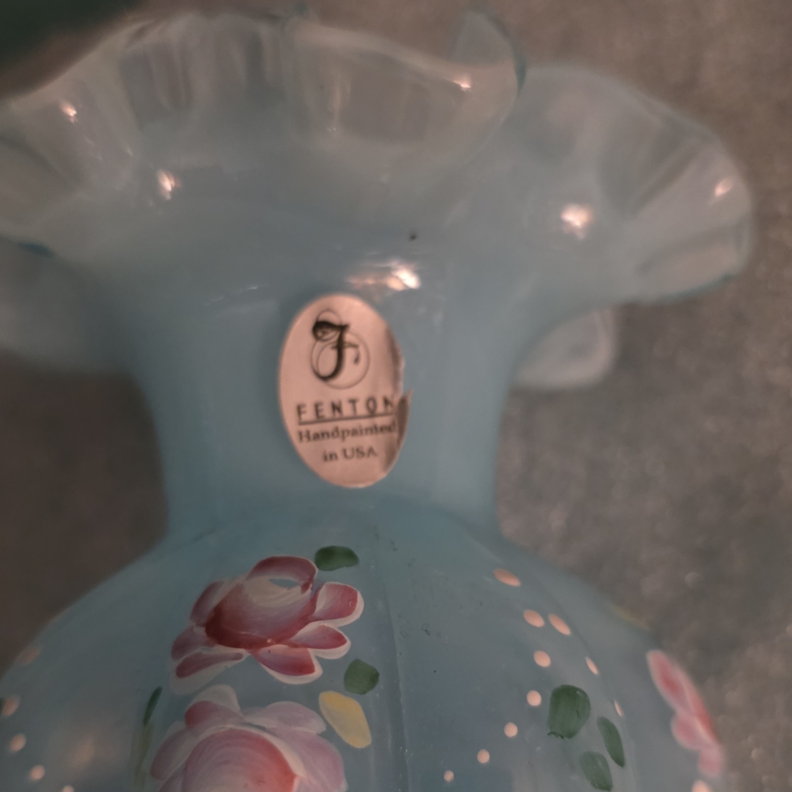 Fenton Hand Painted Blue Art Glass Floral Rose Vase Signed Randy Fenton USA