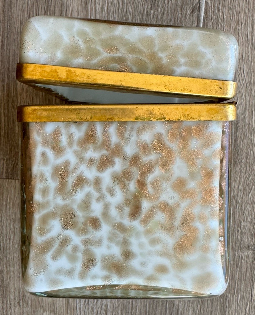 Vintage Murano Art Glass Gold Flecks Copper Casket Hinged Dresser Box
